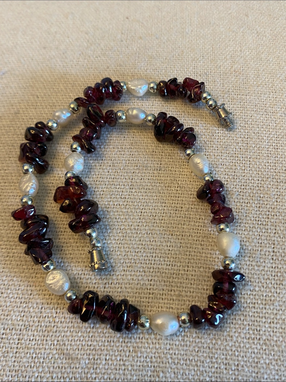 Natural Garnet & Freshwater Pearl 9” Bracelet Anklet Silver Tone